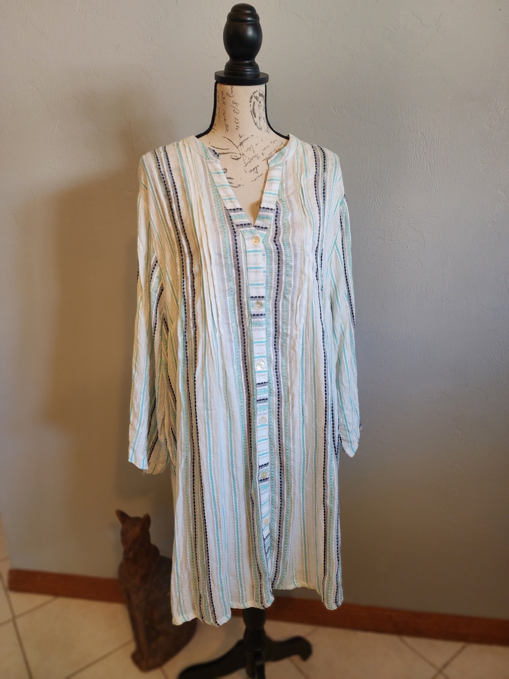 Lightweight Striped Beach Coverup - White & Mint
